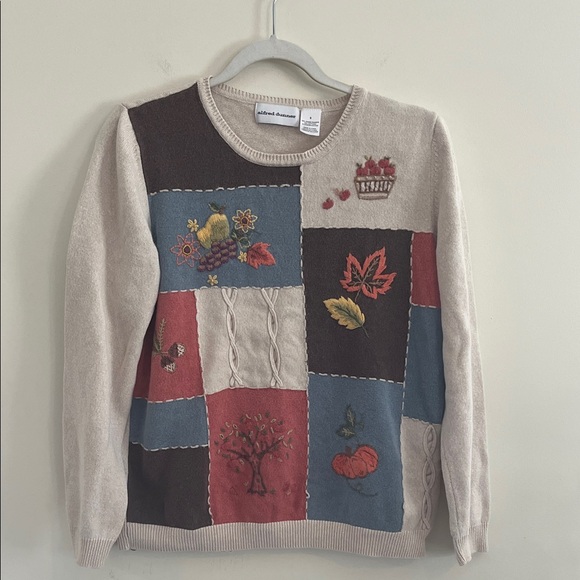 Vintage Alfred Dunner Autumn Patchwork Sweater Embroidered Novelty Leaf Apple S - Picture 1 of 4